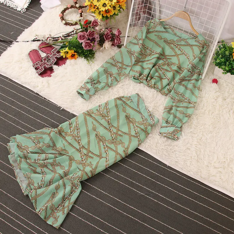 

Women Printed Two Piece Set Autumn Round Neck Lantern Long Sleeve Chiffon Blouse + Ruffle High Waist Skirt Female Vintage Suit
