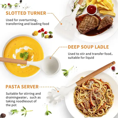 12-delars köksredskapsset silikonspatelset trähandtag värmebeständigt köksredskap spatel sked borste visp för hemkök 10 best sales träskedsset - №5