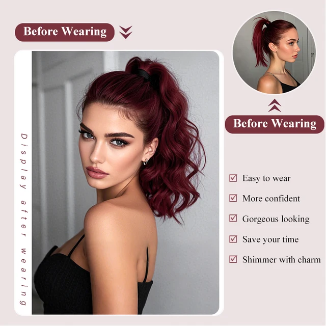 Clip-in Synthetic Hair Ponytail Extension Short Wavy Curled Clip-on Ponytail with Claw Clip Wine Red Hairpiece for Women 3