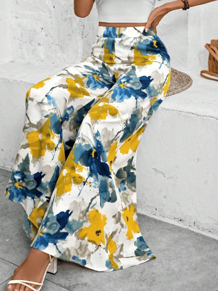 Pantaloni a gamba larga da donna con stampa floreale