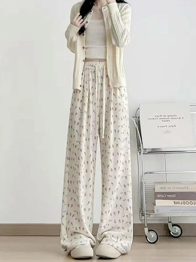 Pantaloni casual a gamba dritta con stampa carina Donna Estate 2025 Nuovi pantaloni coreani a gamba larga allentati dolci Pantaloni a vita alta lunghi fino al pavimento