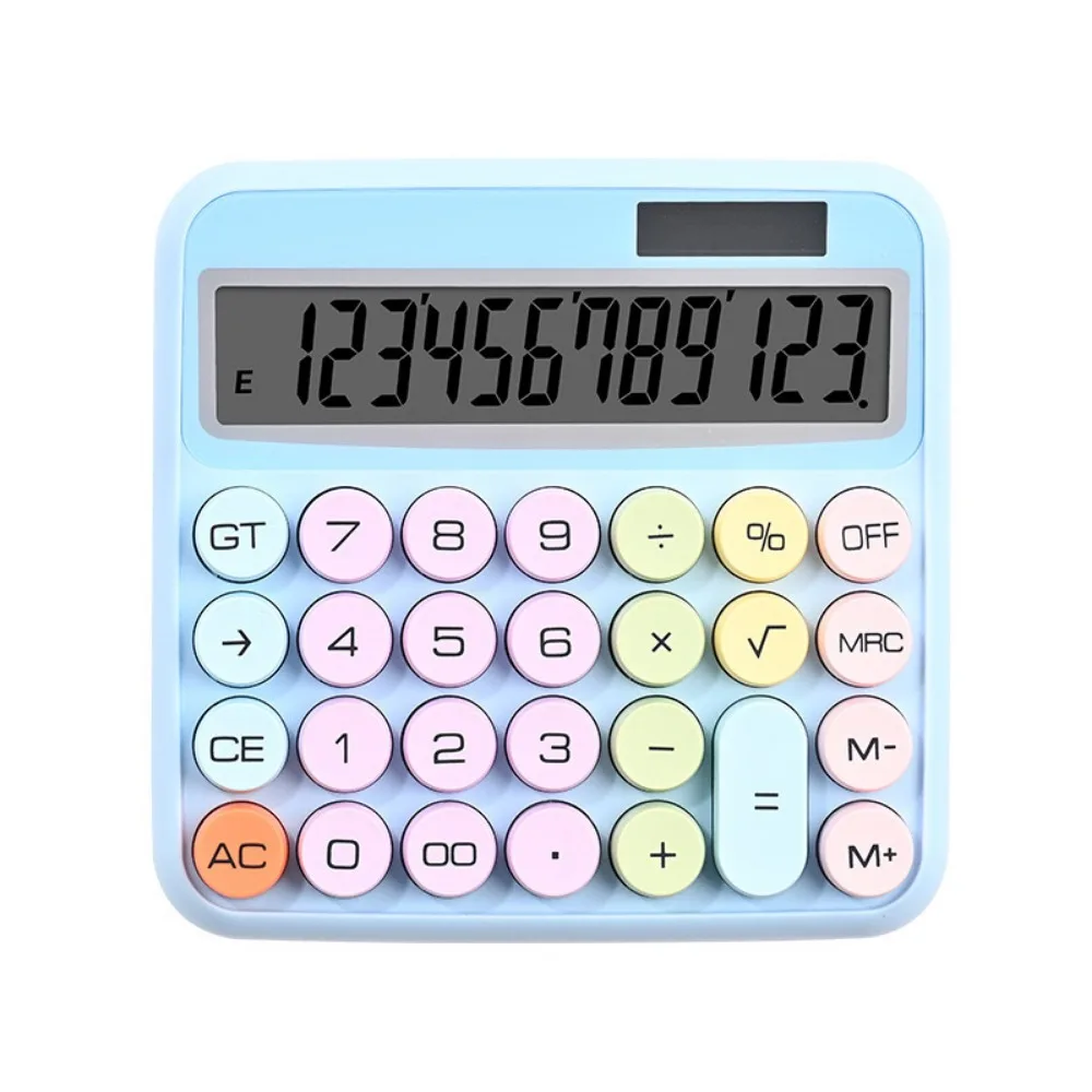 Mechanical Calculator 12 Digit Large LCD Display Big Round Button 15°Tilt Screen Cute Candy Colored Dual Power Supply Calculator