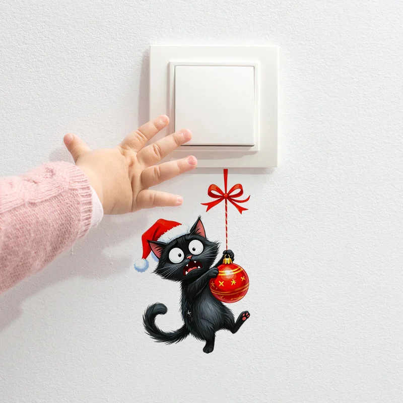 1pc Christmas Black Cat Themed Door & Wall Sticker, printed with black cat in Santa hat, Christmas bauble and red bow