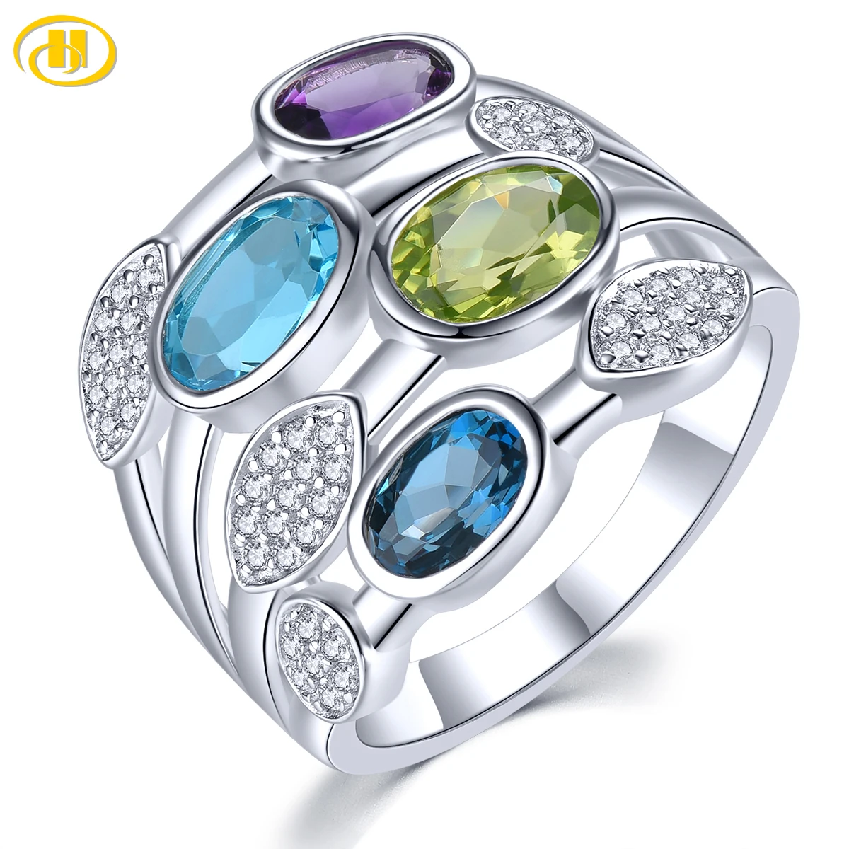 

Natural Blue Topaz Peridot Amethyst Solid Silver Rings 4.2 Carats Genuine Multicolor Gemstone Women Romantic Style Fine Jewelrys