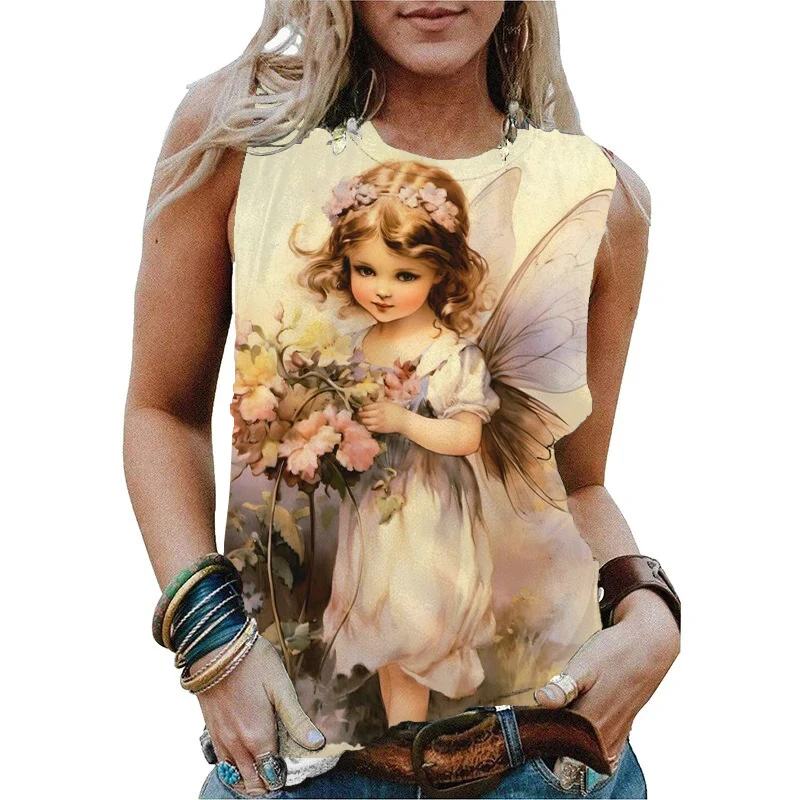 Fashion Summer Angel 3D Print Tank Tops Women Streetwear Casual Oversized O-Neck Vest Off Shoulder Sleeveless Woman Camisole