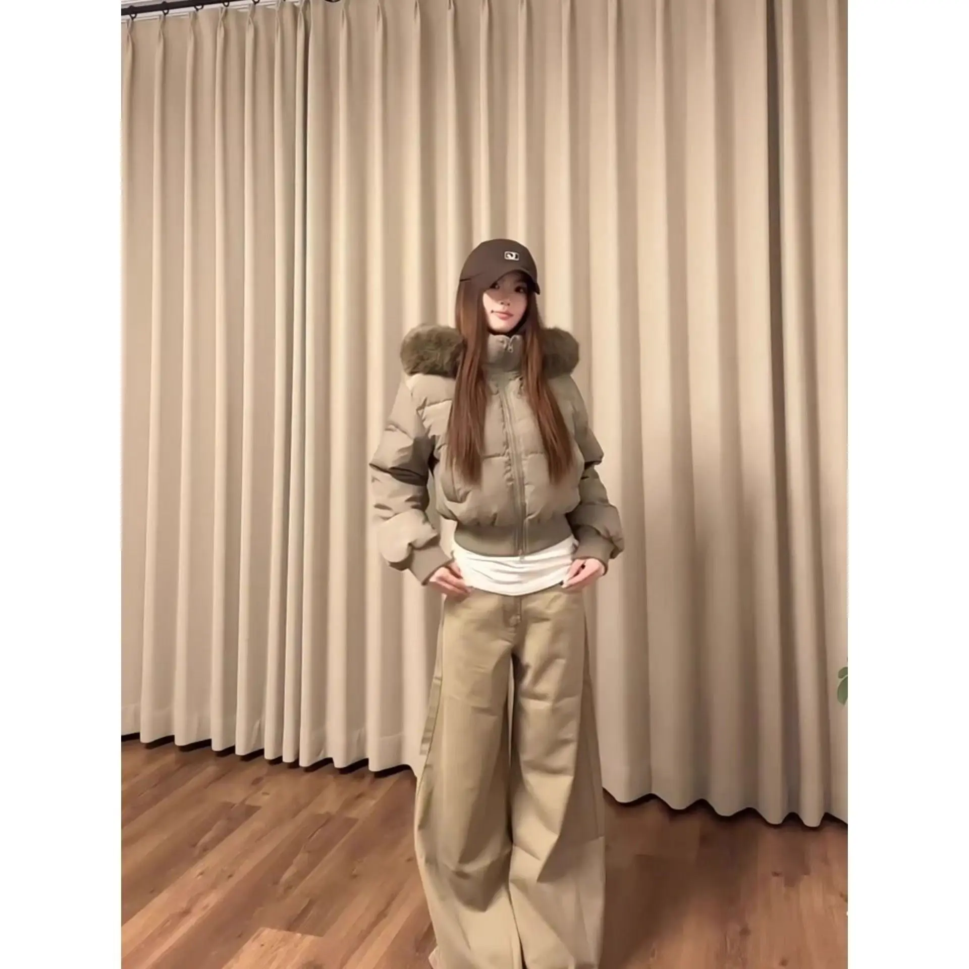American Winter Thickened Warm Cotton-padded Jacket Korean Camel Fur Collar Hooded Waist Short Cotton-padded Jacket