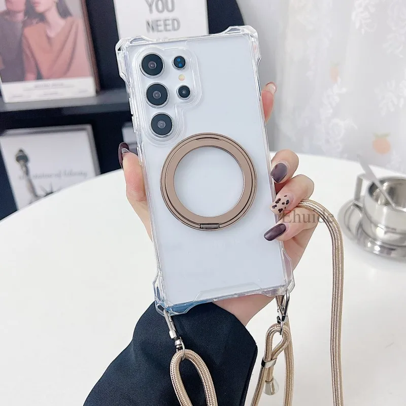เคสโลหะแม่เหล็กพร้อมสายคล้องคอสำหรับ Samsung Galaxy A56 A36 A16 A55 A35 A15 S25 S24 S23 S22 Ultra Plus FE