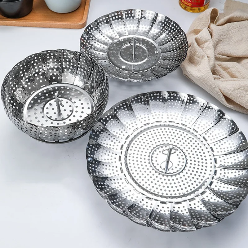 Plato plegable de vapor, cesta de comida de acero inoxidable, cocina de vapor vegetal de malla, herramienta de cocina expandible