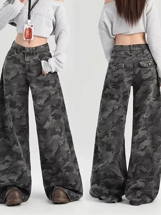 American Style Workwear Wide Leg Camouflage Jeans Women's plus Size High Waist Slimming Loose Short Straight Leg Pants