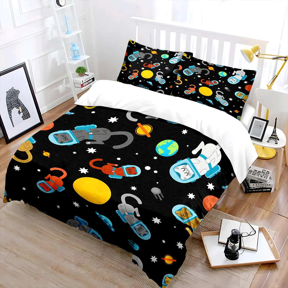 Astronaut Cats Planet Background Bedding Set for Kids Luxury Gift 3pcs Digital Print Comforter Set Soft Comfortable Breathable