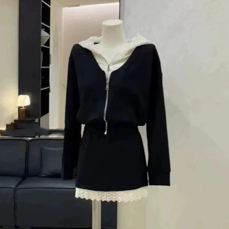 

Коллажный стиль, кружевной дизайн, комплекты с капюшоном, женский искусственный свитшот из двух предметов + утягивающая юбка с высокой талией, костюм Y2k, комплект из двух предметов