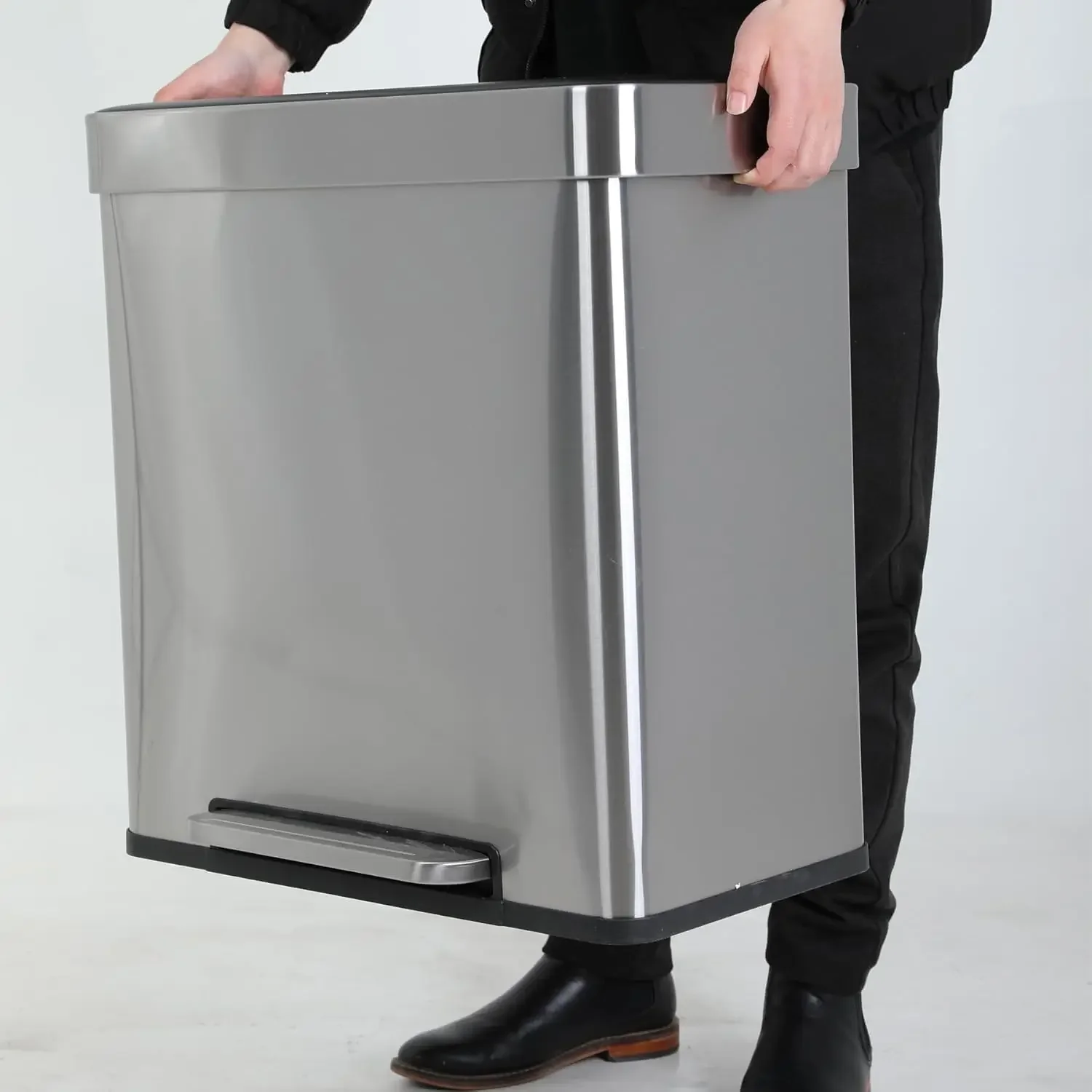 16 Gallon Kitchen Trash Bin Dual Trash Can Pedal Recycle Trash Bin with Lid Inner Bucket Stainless Steel