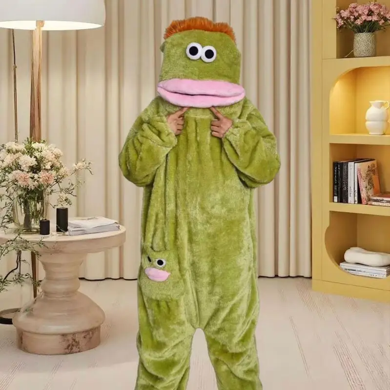 Have Hair Wacky Big Mouth Monster Bodysuit Winter Fleece-Lined Keep Warm Couple Set Pajamas Hooded At Home Comfortable Homewear