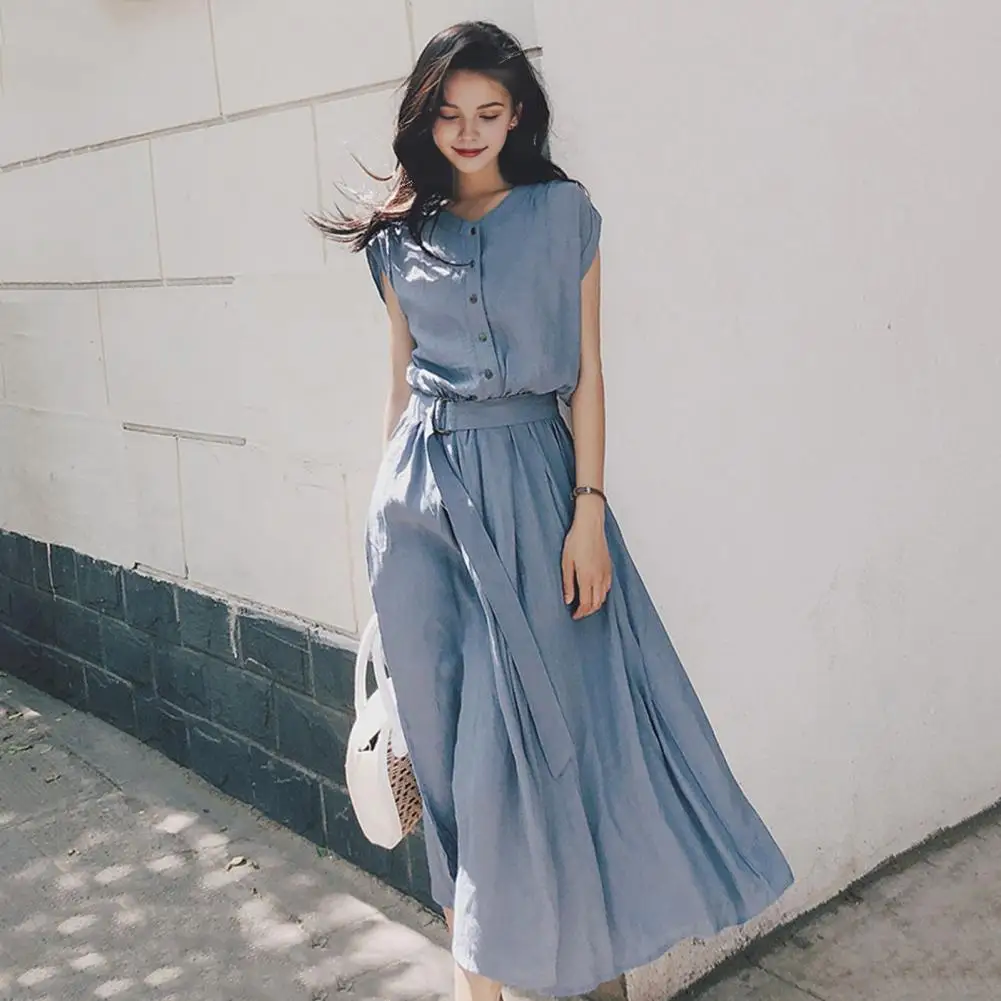 Women Solid Color Long Dress Elegant A-line Midi Dress with Belted Waist Pleated Detailing for Women Summer Short Sleeves Round