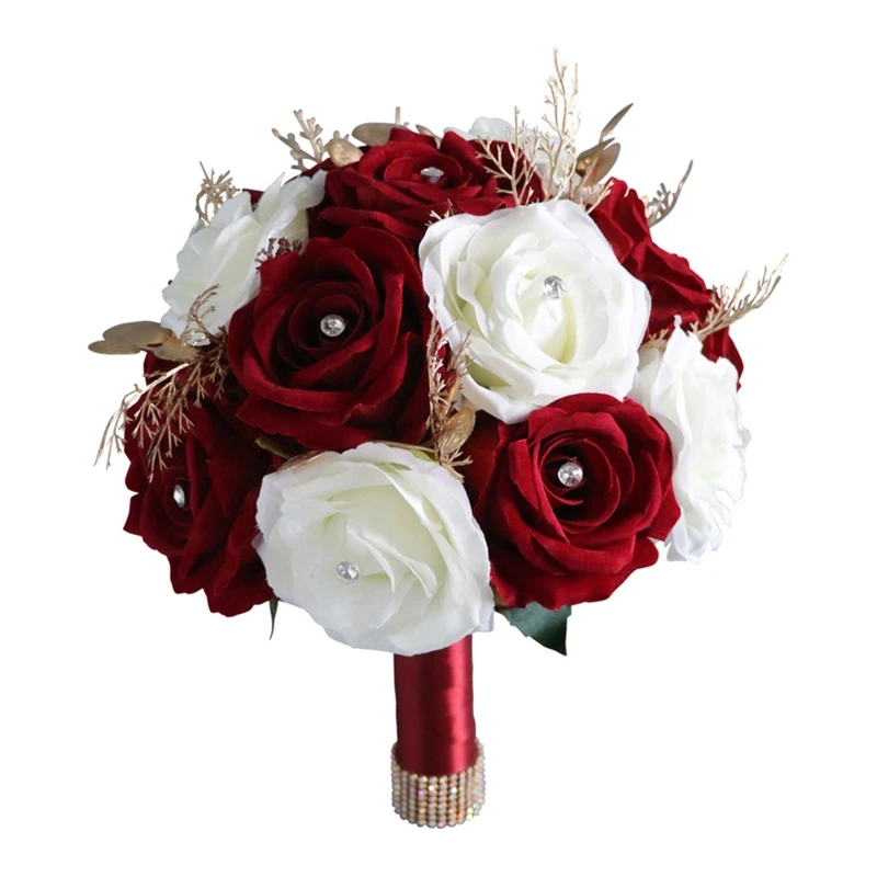 

Wedding Romantic Flower Bouquet Artificial White and Wine Red Rose Flowers Photography Props for Bride Bridal Bouquets Bouquet