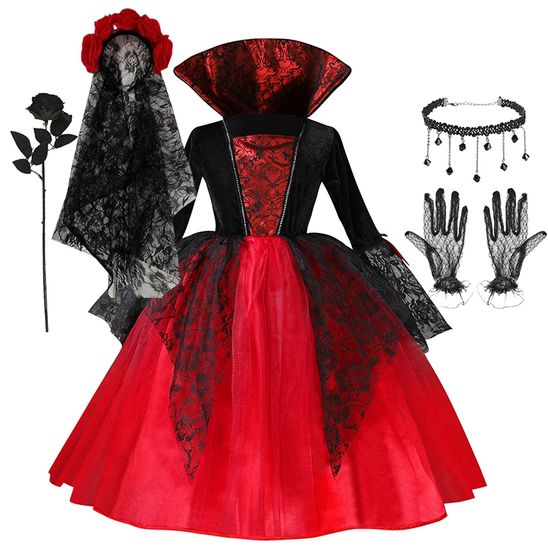 Robe de Vampire Cosplay pour filles, Costume de mariée fantôme pour enfants, tenues de fête de carnaval, vêtements gothiques écarlates