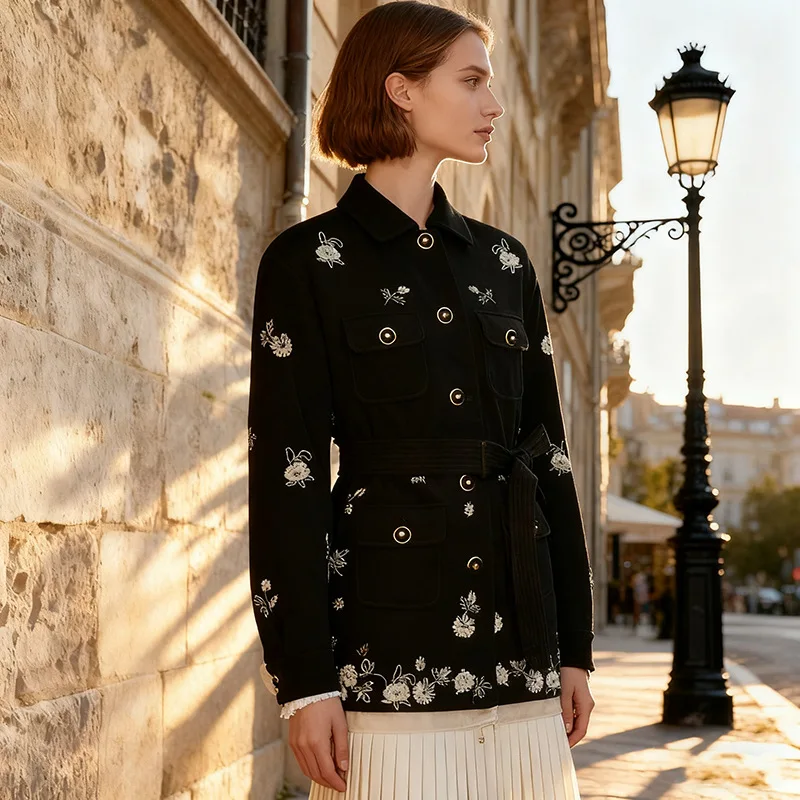 

Women's Elegant Floral Long-Sleeve Jacket Casual Autumn Outerwear Lace-Up Embroidered OL Style Fashion