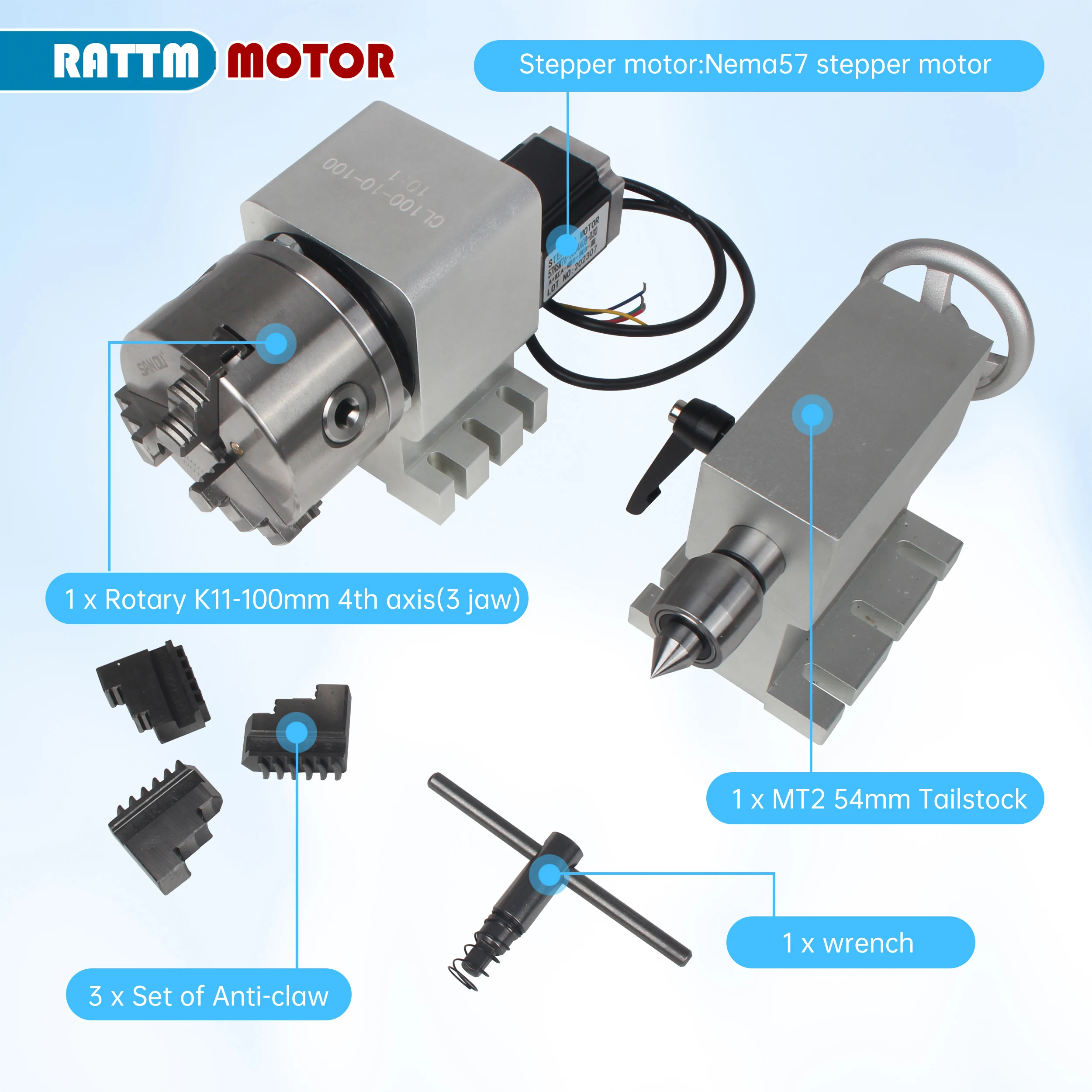 K11-100mm 3 Klauwplaat NEMA23 Stappenmotor 10:1 CNC 4 Axis Roterende As Met Losse Kop Voor CNC Router Freesmachine