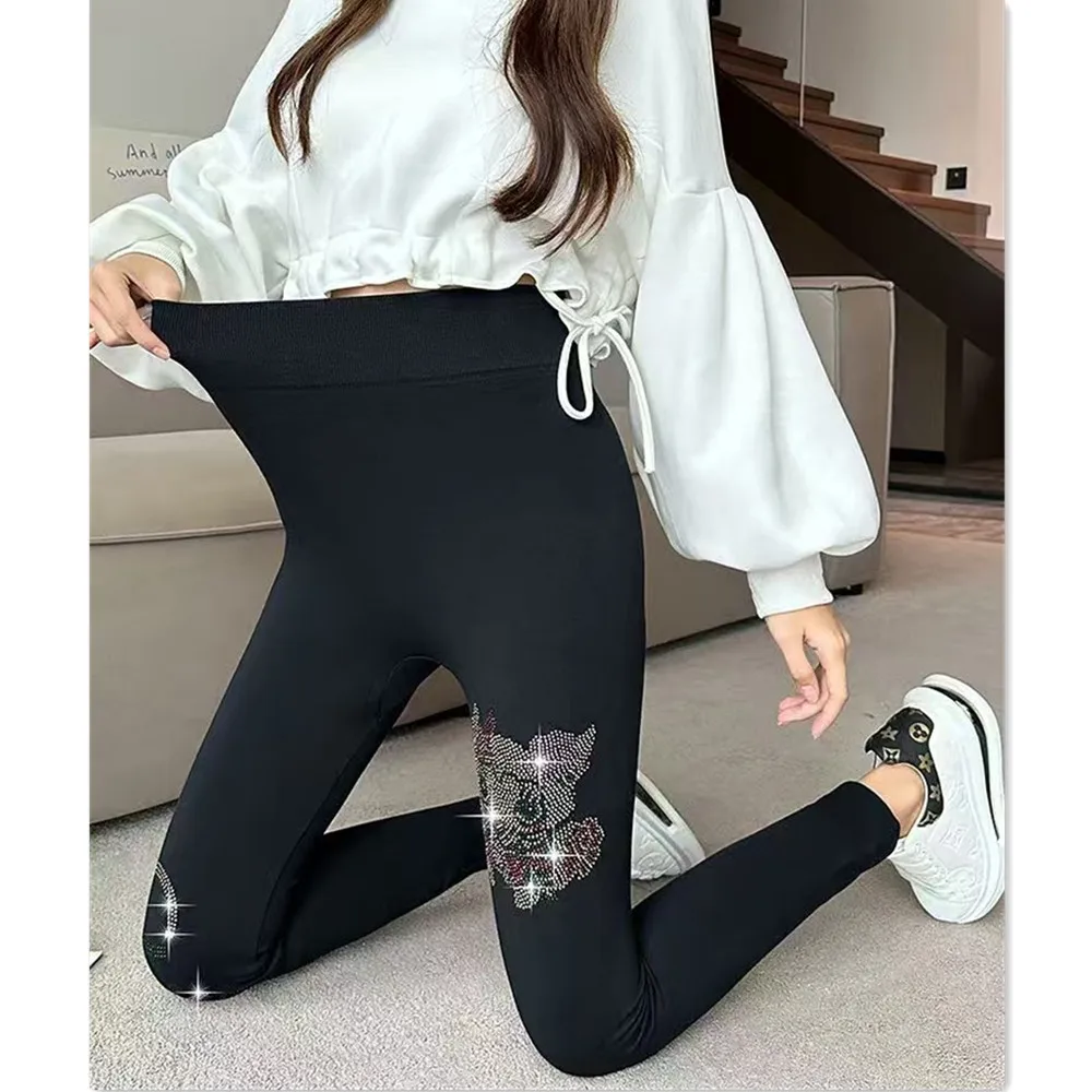 Fashion Rhinestone Decor Modal Cotton Leggings Women High Waist Elastic 9/8 Length Tights Yoga Pants Daily Wear Comfy For Gift