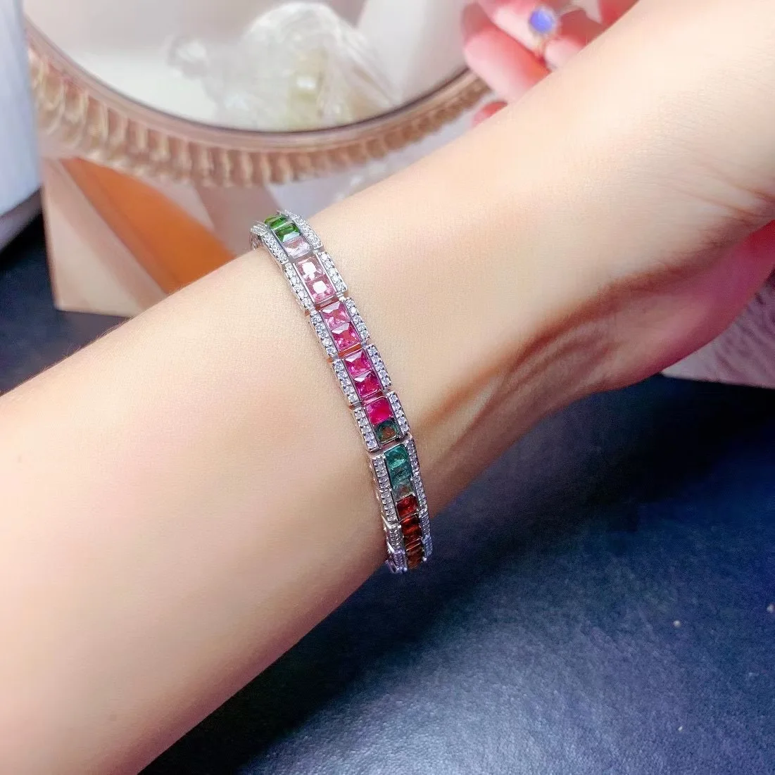 Multicolor Natural Tourmaline Bracelet 3x3mm Gemstone Beads, 925 Silver Women's Colorful Jewelry, Birthstone Gift Collection