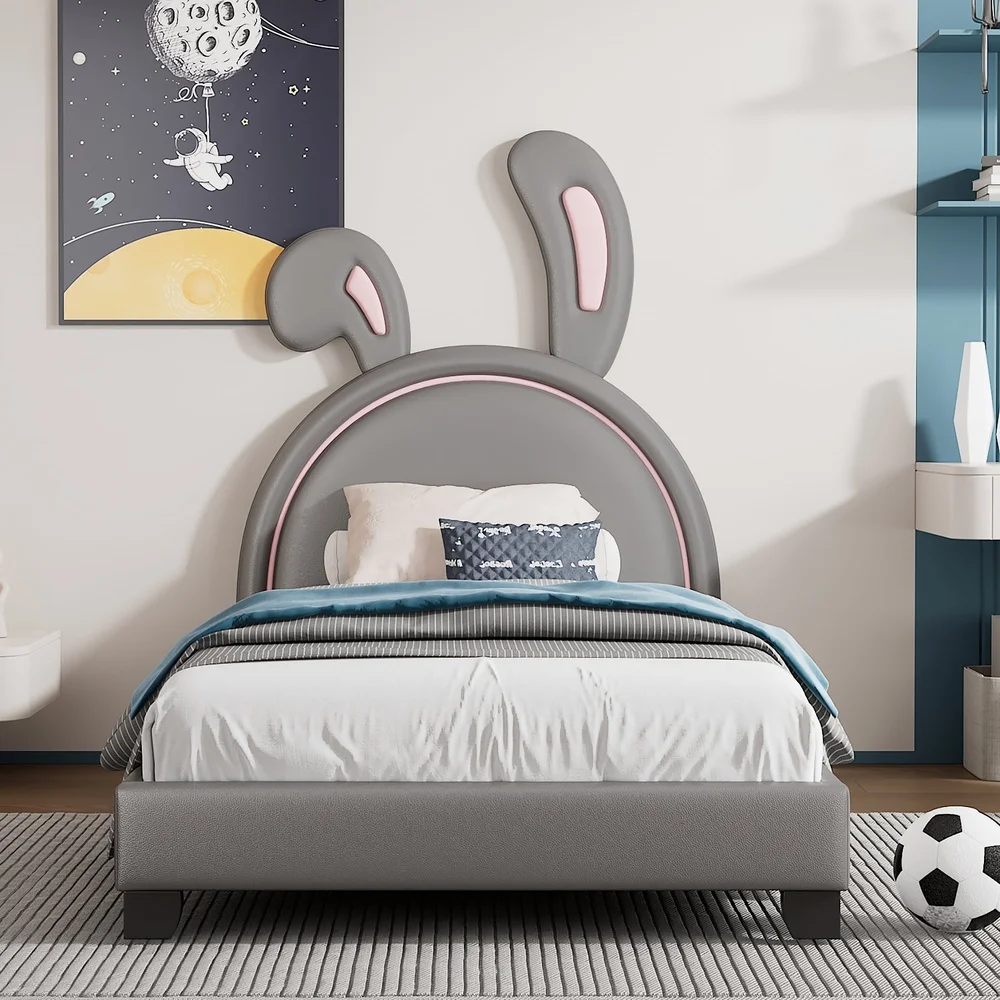 Upholstered Twin Size Platform Bed with Rabbit Ornament PU Leather Kids Bed Solid Pine Wood Frame Easy Assembly