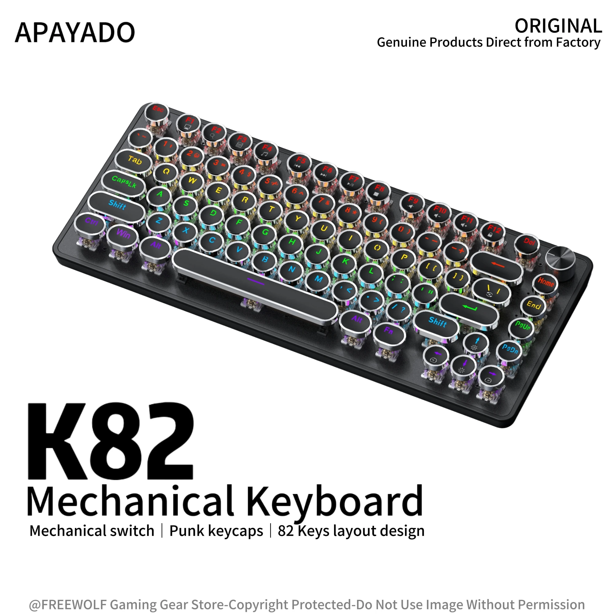 

Черная механическая клавиатура APAYADO K82 в стиле панк, проводное подключение, RGB-подсветка, мультимедийный регулятор, функция горячей замены клавиш.