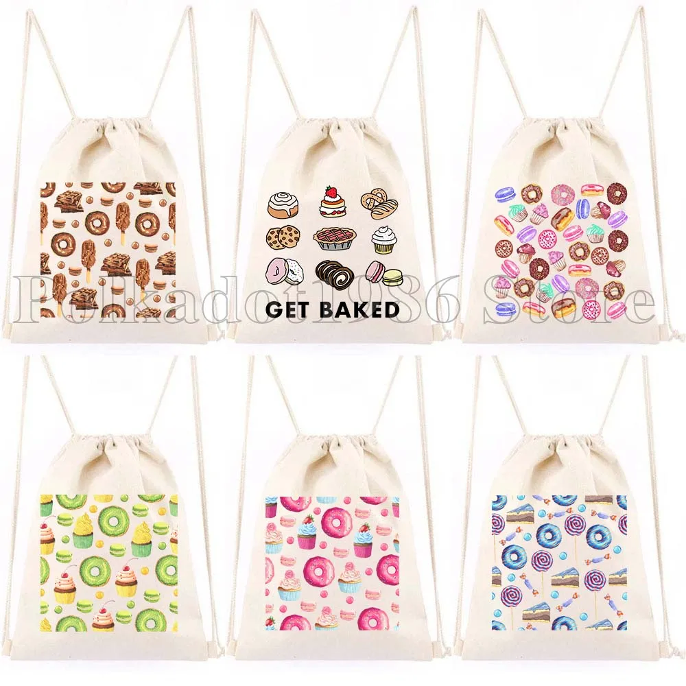 

Cute Food Sweet Desserts Pastry Dark Chocolate Cheesecake Macaron Donuts Drawstring Soccer Backpack Gym Sackpack Gift String Bag