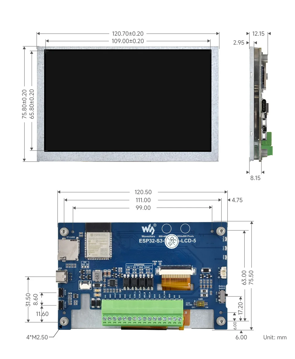 ESP32-S3-LCD-5, geen aanraakfunctie, 240 MHz, ondersteunt WiFi/Bluetooth, ondersteunt WiFi/Bluetooth, opties voor 800×480/1024x600 resolutie