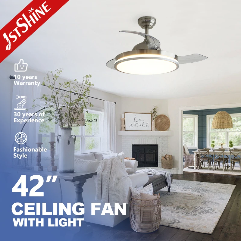 1stshine LED Ceiling Fan Folding Blade 42 Inches Satin Nickel Remote Retractable Ceiling Fan with LED Light