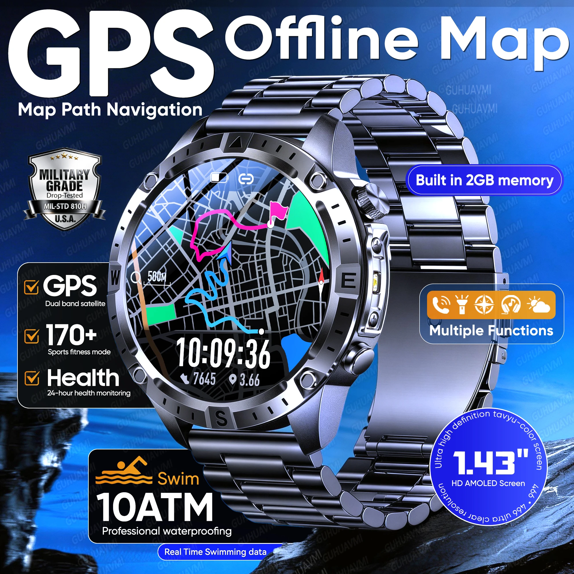 2026 New GPS Offline Map Military Smart Watch Built in GPS Compass 10ATM Waterproof 2GB RAM Music Player Men Fitness Smartwatch