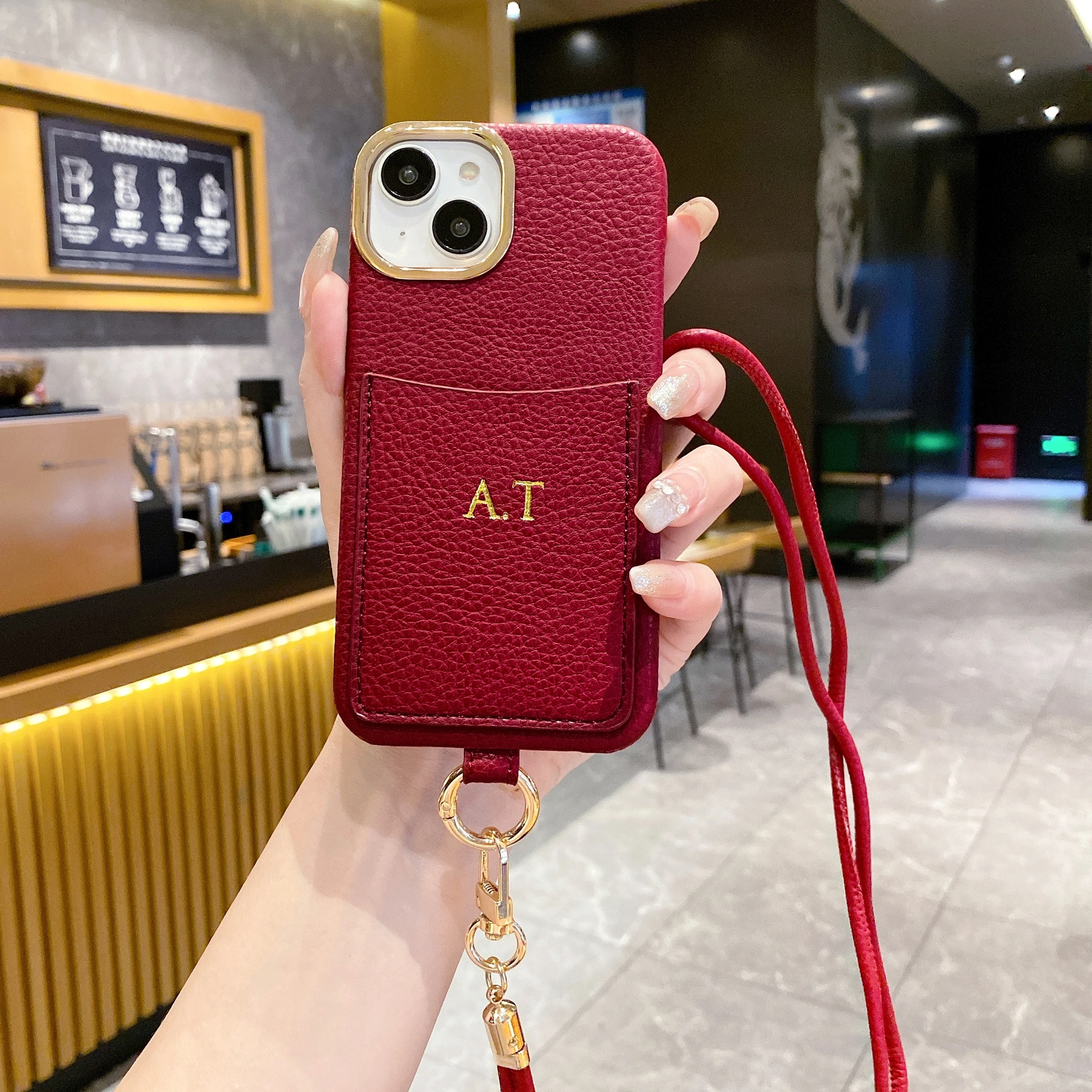 Customized Name Letter engraving Leather Phone Case CardHolder iPhone15 14 13 12 11ProMax 15Plus Crossbody Lanyard Cover Gold