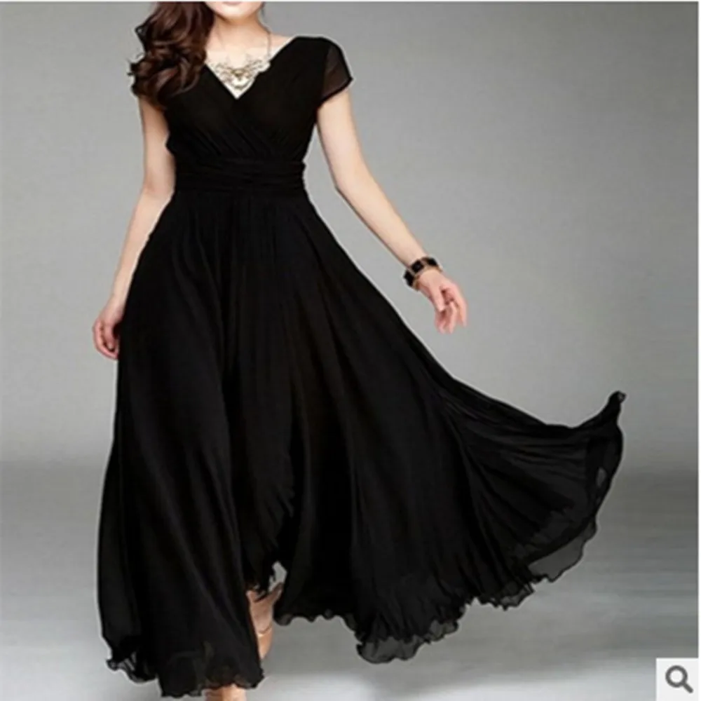 A34 V-neck short-sleeved chiffon waist dress evening dress