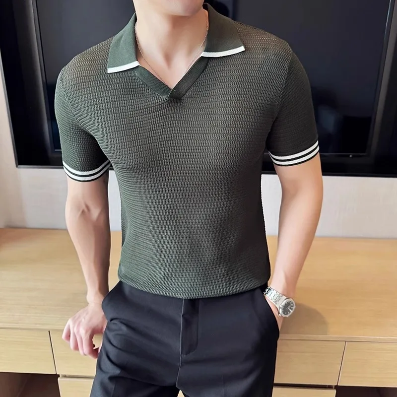 Summer Thin Ice Silk Polo Shirts Men Fashion V-neck Casual Knitted T-shirts Business Lapel Tee Social Office Streetwear Polo image 5