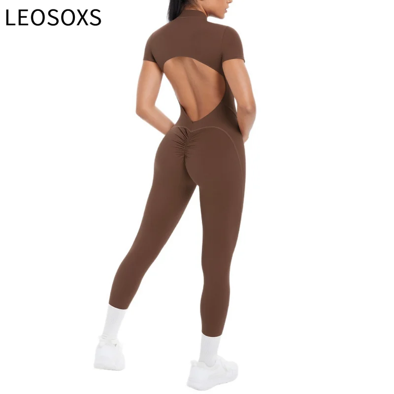 

Seamless Tight Elastic Beautiful Back Cut-Out Short-Sleeved Long Pants Sports Running Fitness Yoga Gym Outdoor Sports Jumpsuit
