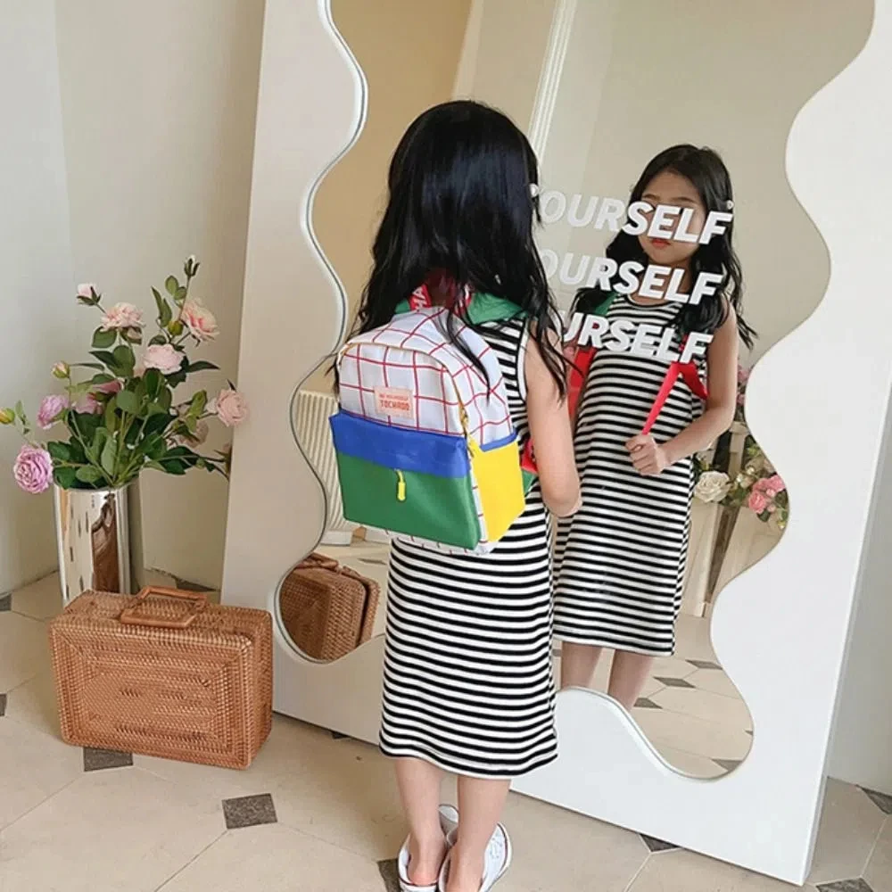 

Creative Book Bag Contrast Color Plaid Backpack Large Capacity Nylon Children School Bag Korean Style Cute Shoulder Bag Children