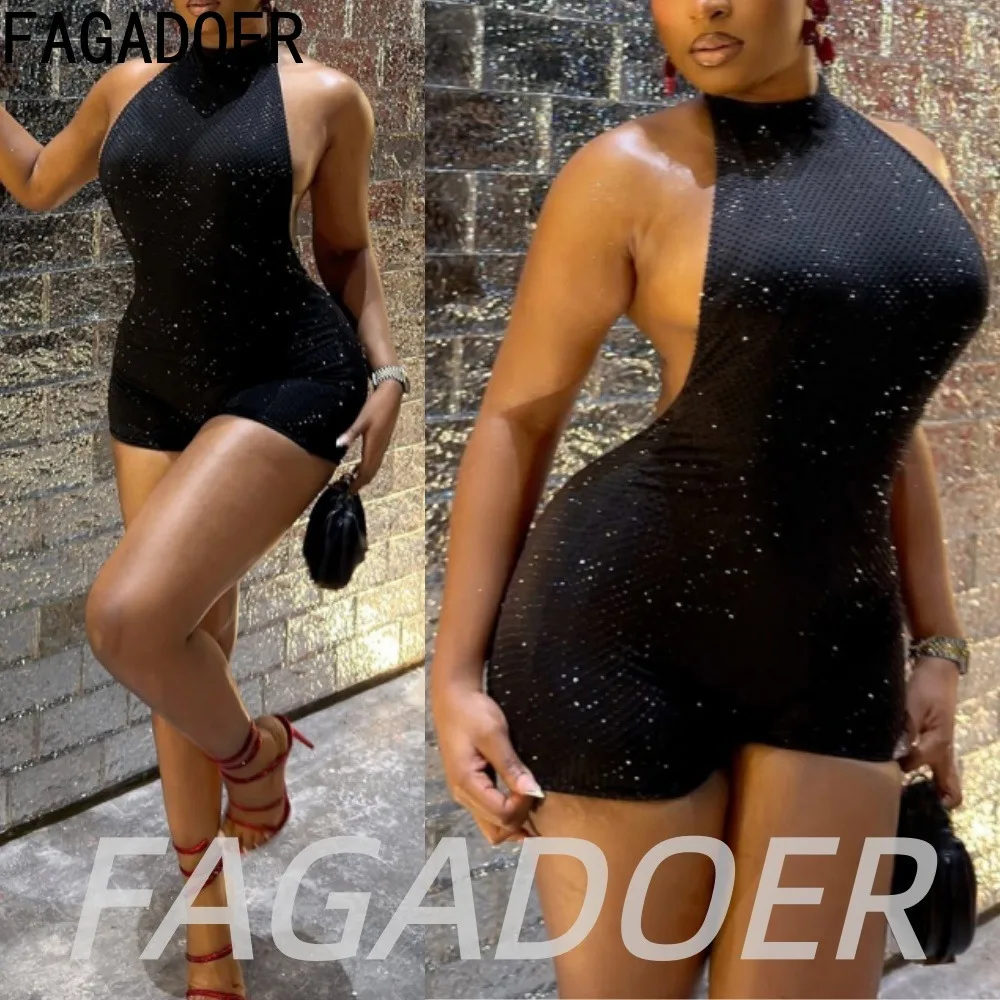 FAGADOER Sexy Hot Girl Bodycon Rompers Summer Streetwear Party Club Jumpsuits 2026 Fashion Black Halter Backless Playsuits New