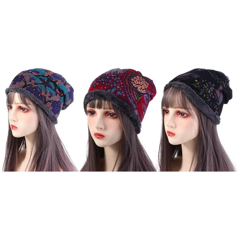 

Winter Winter Cap Neck Warm Warmer Plus Velvet Print Flower Velvet Bonnet Beanie Women Hat Bib Hats