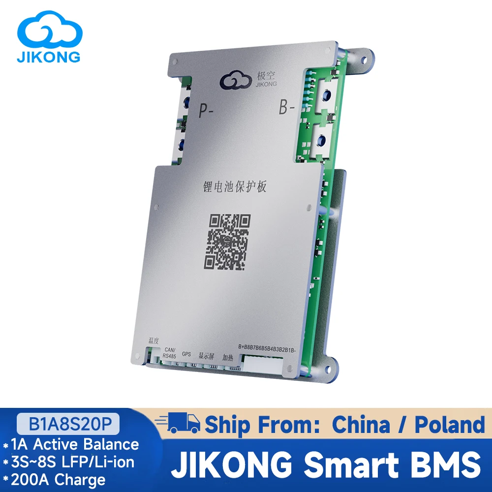 JIKONG Smart BMS B1A8S20P with 1A Active Balance Heat CAN RS485 3S~8S 200A LiFePo4 Li-ion LTO Battery Pack Smart JKBMS