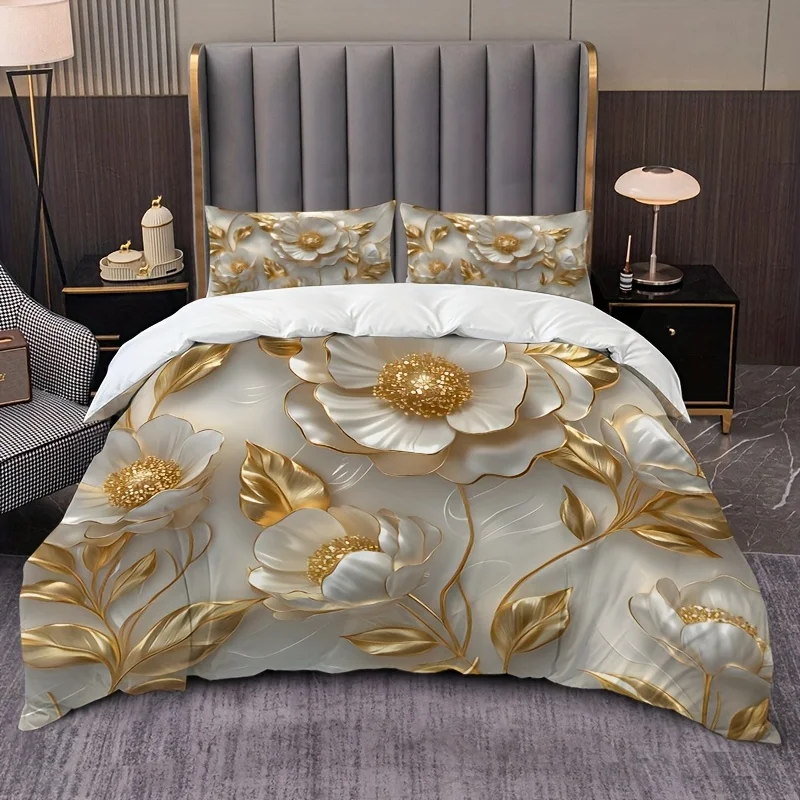 3pcs Golden Golden Edge Flower Quilt Set (1 Duvet Cover + 2 Pillowcases, Coreless) White 3D Carved Series High Definition