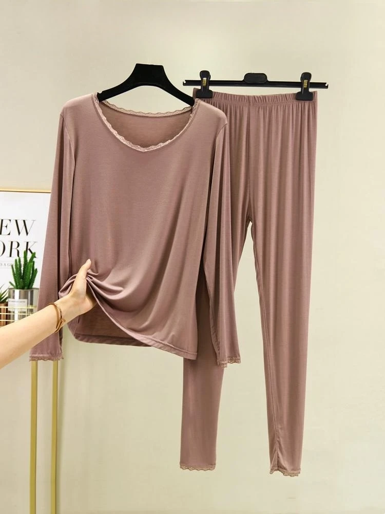 Thin Modal Ladies' Autumn Thermal Pantyhose Set Long Sleeve Home Clothes Bottoming Pants Sleepwear Two-Piece Set for Young Women