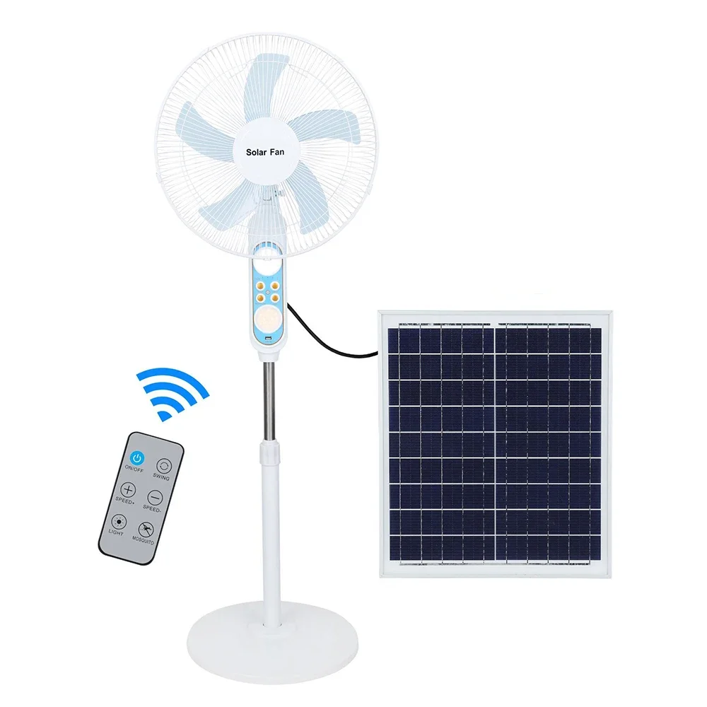 Remote Control Solar Floor Fan 4 Speeds & Bug Light Rechargeable Battery 12H Runtime 25W solar for Home Emergency Power Outage