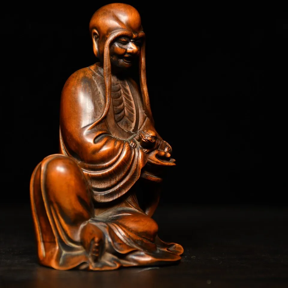 vintage antique statue religious buddha Arhat tiger wooden carved decor Wood art