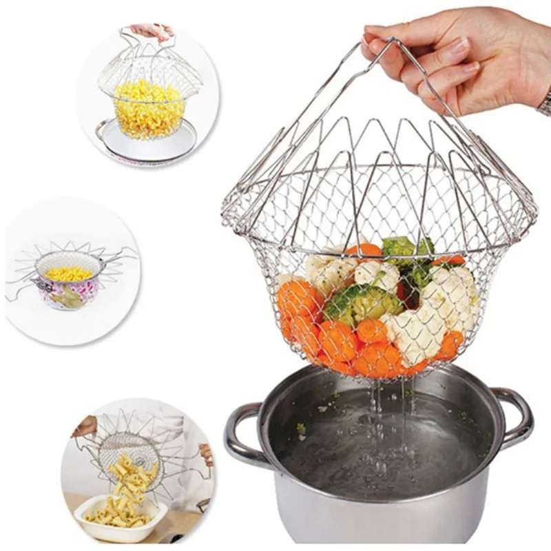 Cesta de fritura dobrável de aço inoxidável cesta de chef nova rede de filtro de cesta de fritura retrátil