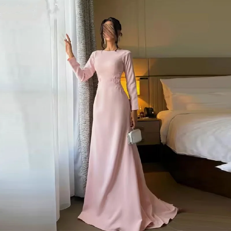 

2025 Backless Court Train Wedding Party Formal Gowns O-Neck Customized Pink Evening Dresses Elegant Long Sleeve Prom Dress