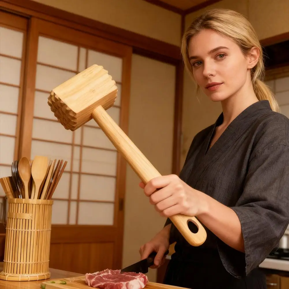 Natural Bamboo Meat Hammer Multi-functional Meat Mallet Double-sided Bamboo Meat Tenderizer Hammer with Long Handle for Kitchen