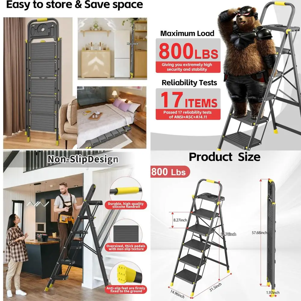 5-Step Folding Ladder with Tool Tray, Non-Slip Steps, 800lbs Capacity, Home Kitchen Use, Black & Yellow