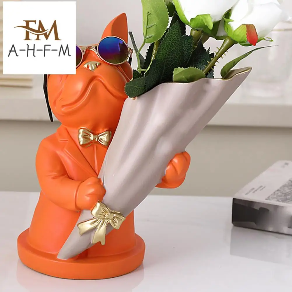 

Home Decor Figurine Miniature French Bulldog Sculpture Desktop Flower Vase Table Decoration Modern Decorative Statue