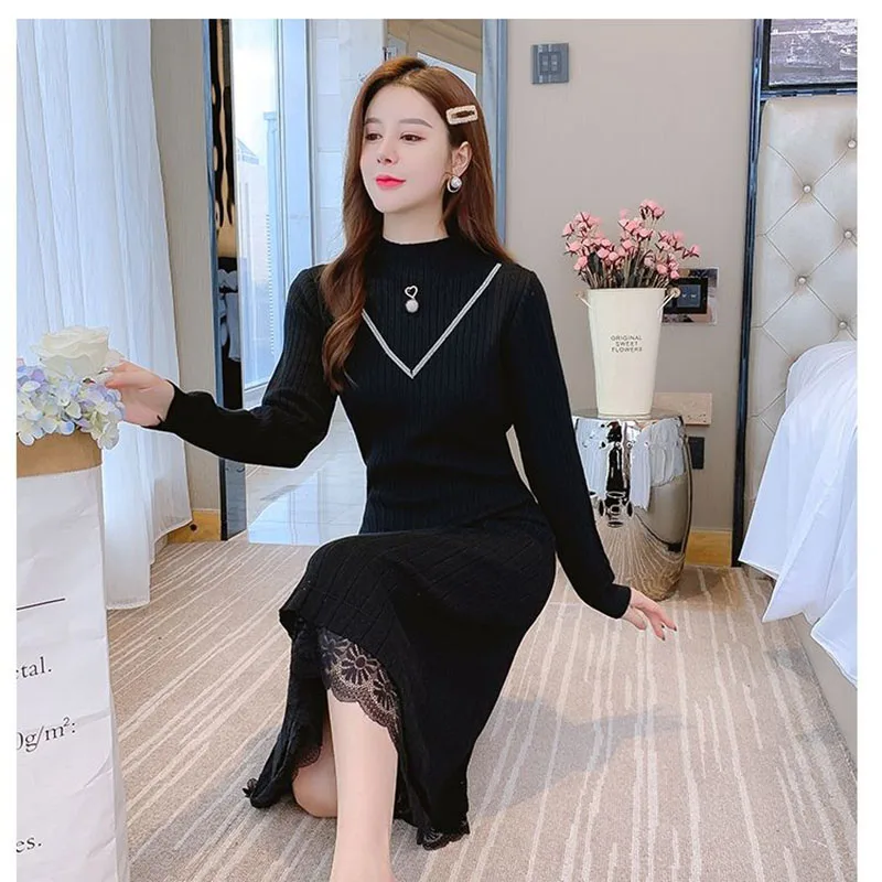 

Нижнее платье-свитер, женское трикотажное платье с полувысоким воротником, женское осенне-зимнее платье 2026, новые длинные женские платья с пальто