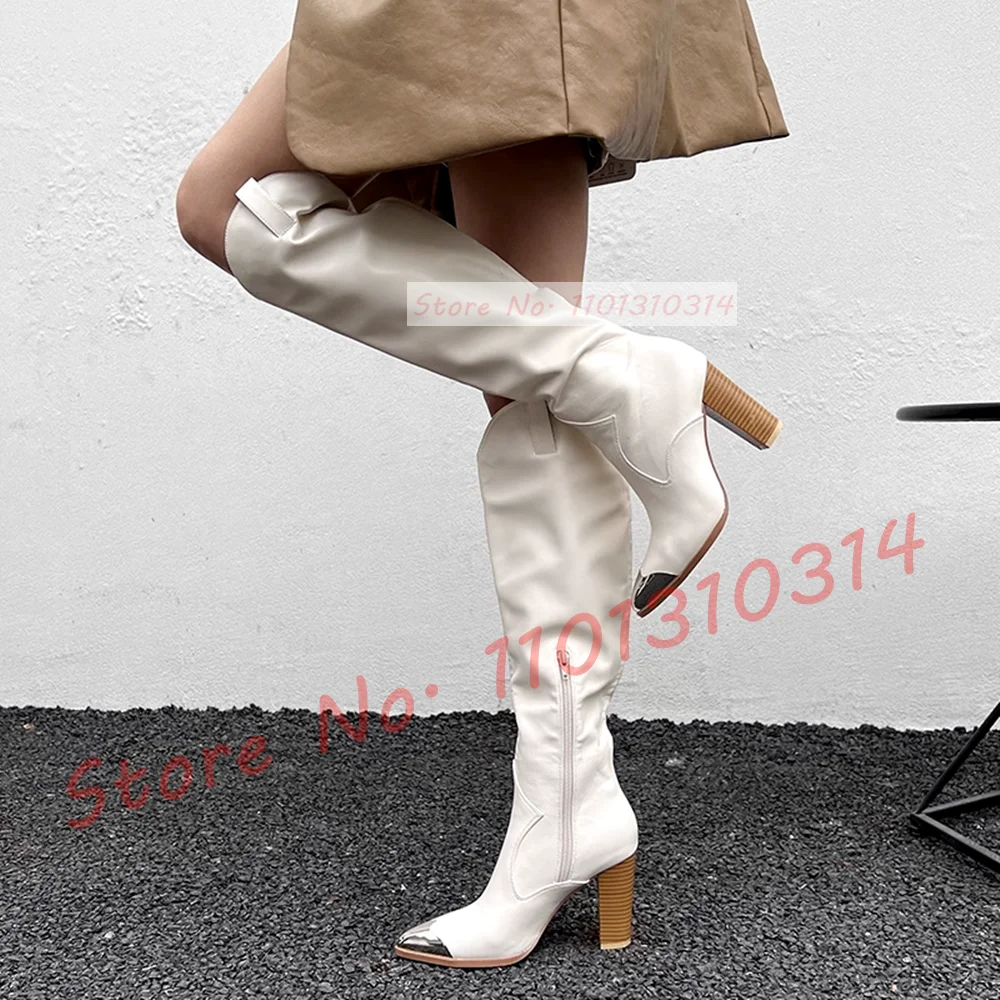 

White Metal Pointy Knight Boots Women Trends Slouchy Beige Nubuck Knee High Boots Ladies Big Size Stylish High Block Heels Shoes