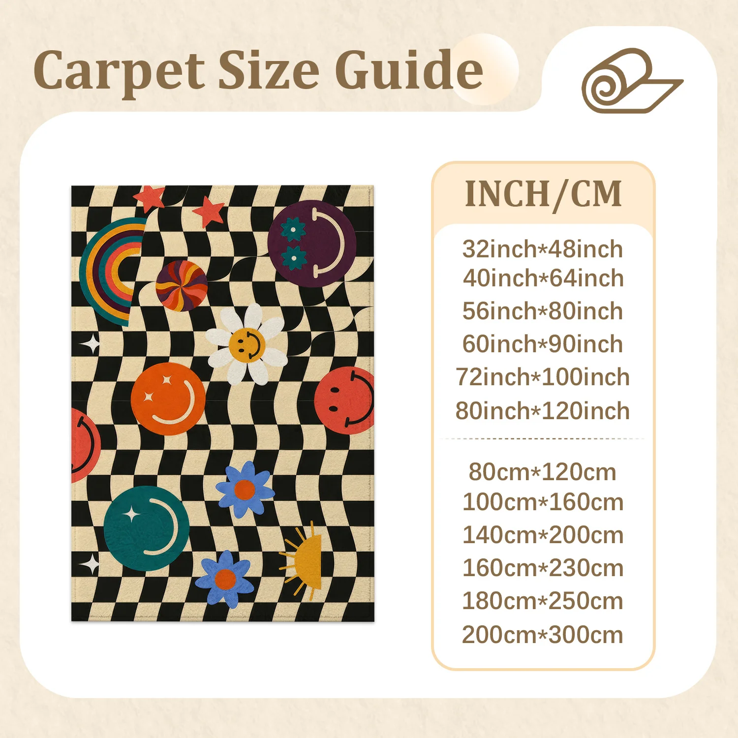 Large Indoor Area Rug, Soft Velvet Low Pile with Non-slip Dotted Backing, Machine Washable, Retro Wavy Checkered Smiley Rainbow Daisy Sun Pattern, Ideal for Living Room, Bedroom, Entryway